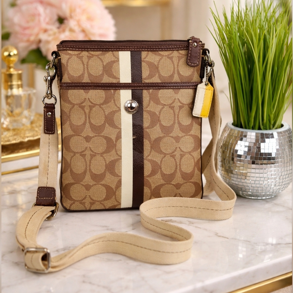 Coach Signature File Crossbody Bag‎ Tan Brown Canvas Leather Crossbody Guc